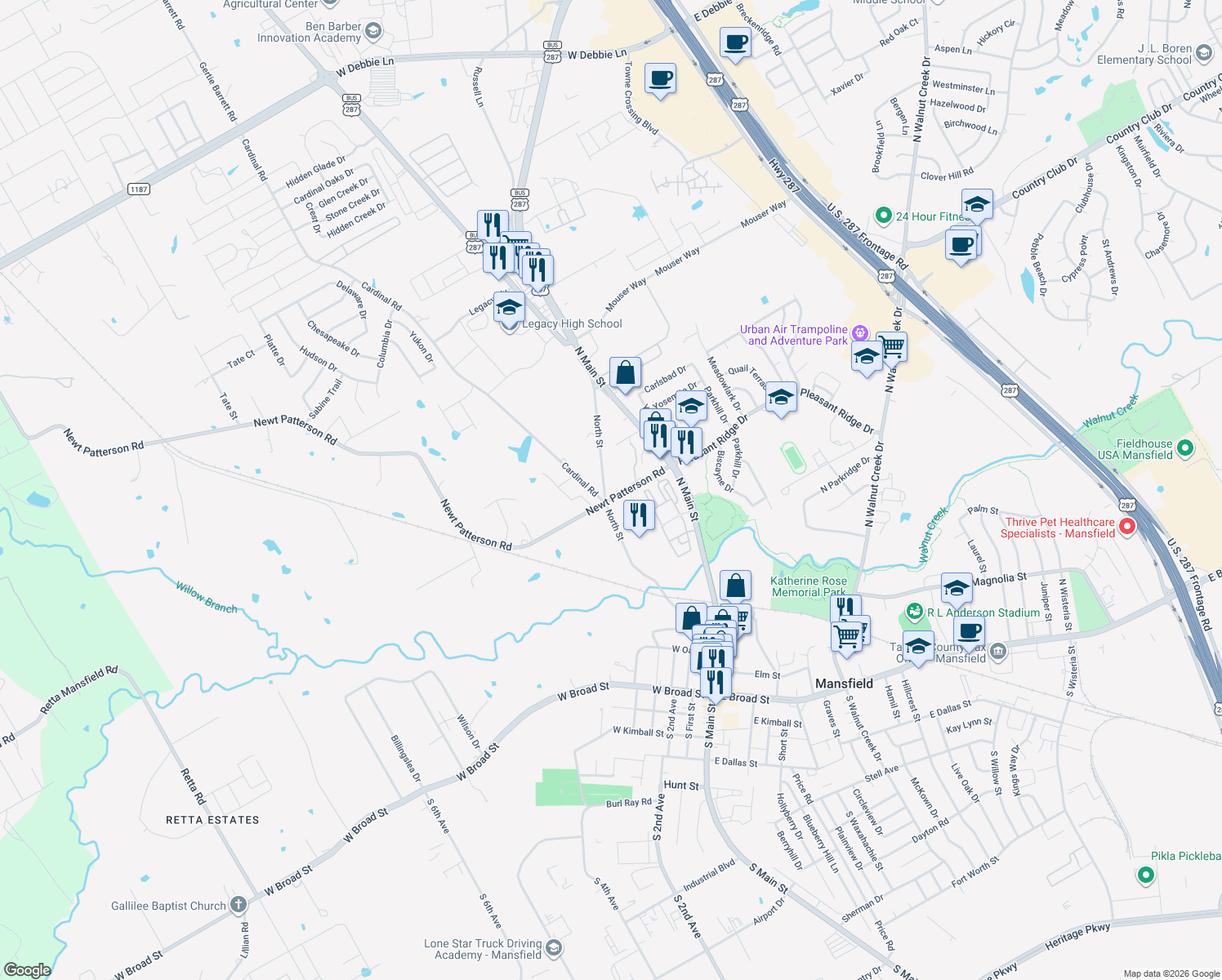 map of restaurants, bars, coffee shops, grocery stores, and more near 210 Newt Patterson Road in Mansfield