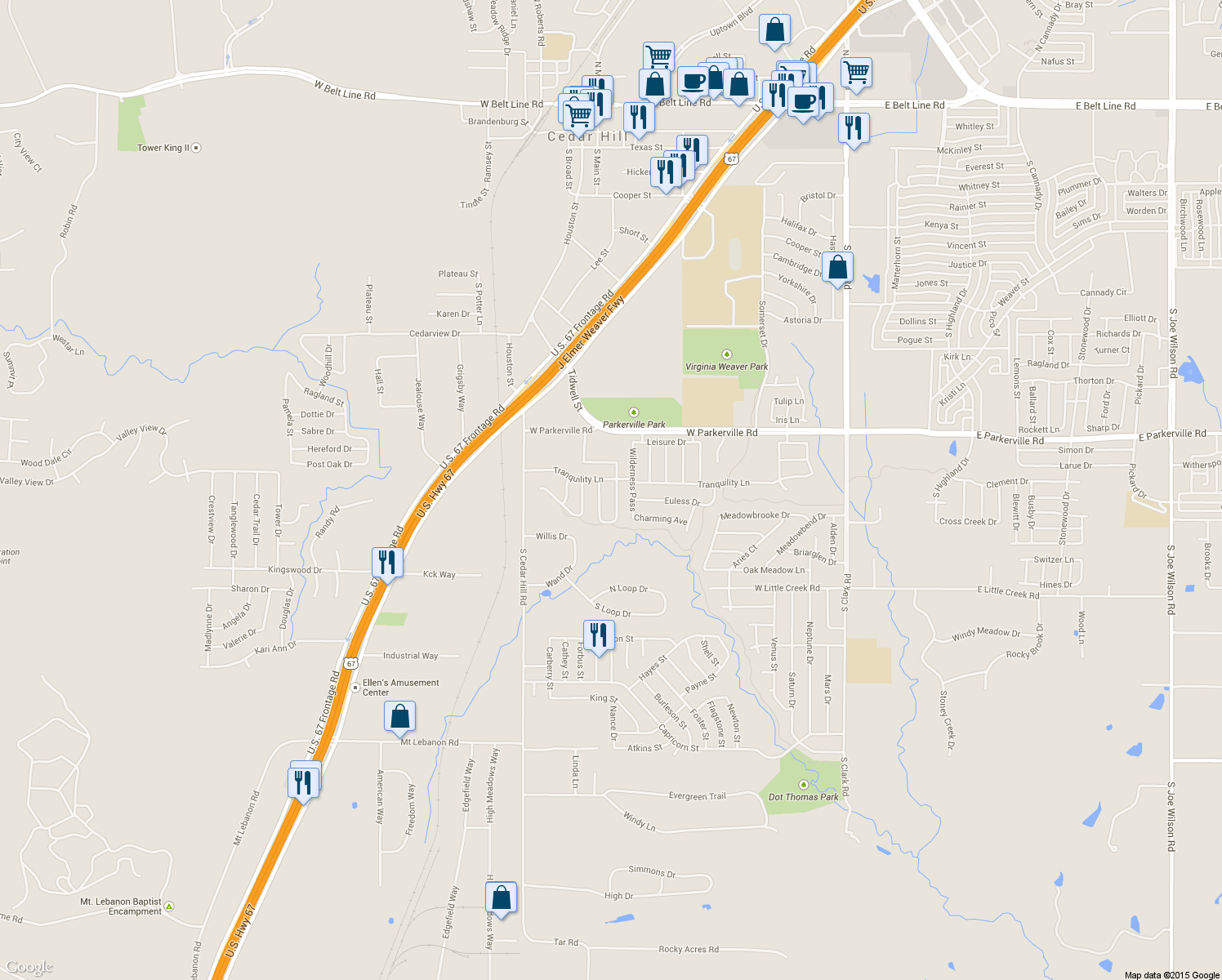 map of restaurants, bars, coffee shops, grocery stores, and more near 909 Black Walnut Trail in Cedar Hill