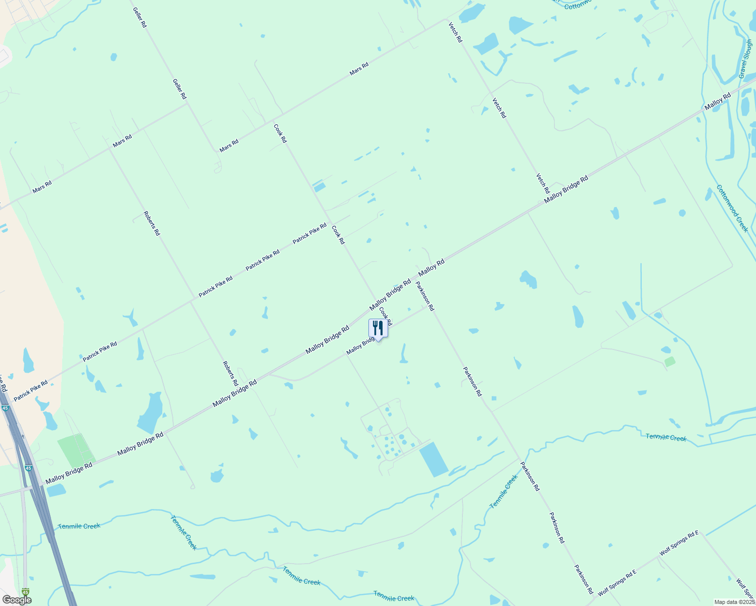 map of restaurants, bars, coffee shops, grocery stores, and more near 1601 Malloy Bridge Road in Ferris