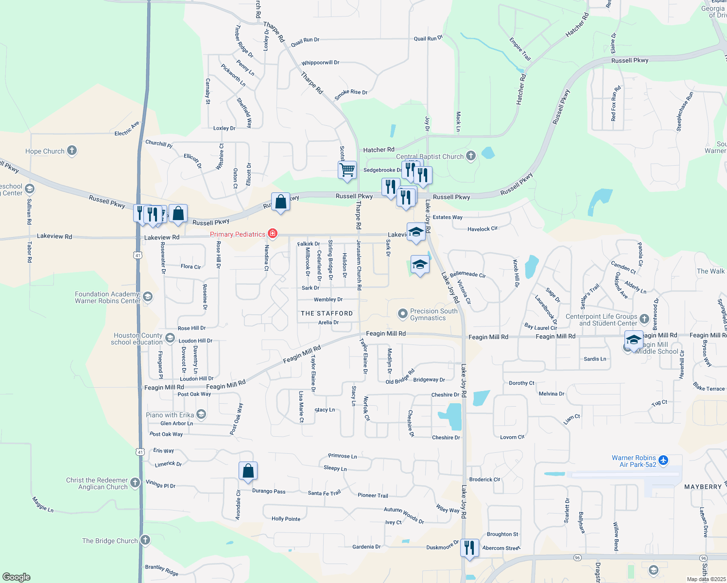 map of restaurants, bars, coffee shops, grocery stores, and more near 601 Sark Drive in Warner Robins