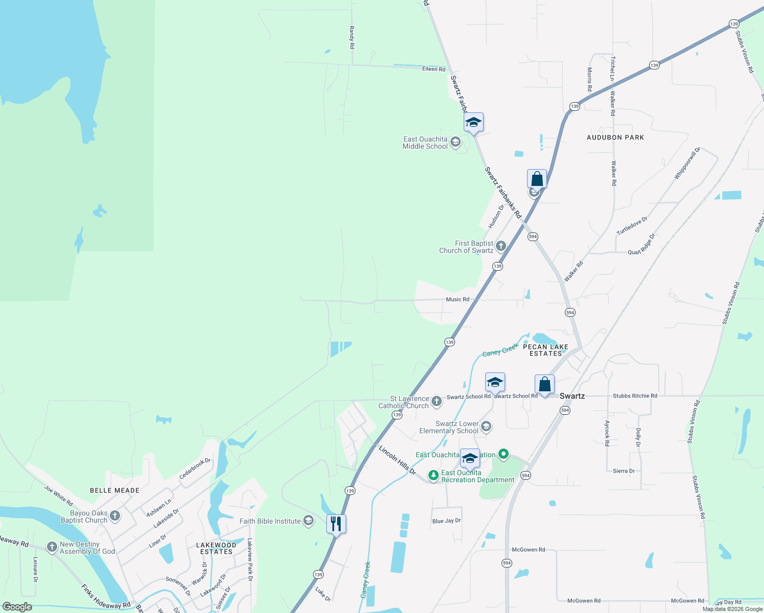 map of restaurants, bars, coffee shops, grocery stores, and more near 339 Music Road in Monroe
