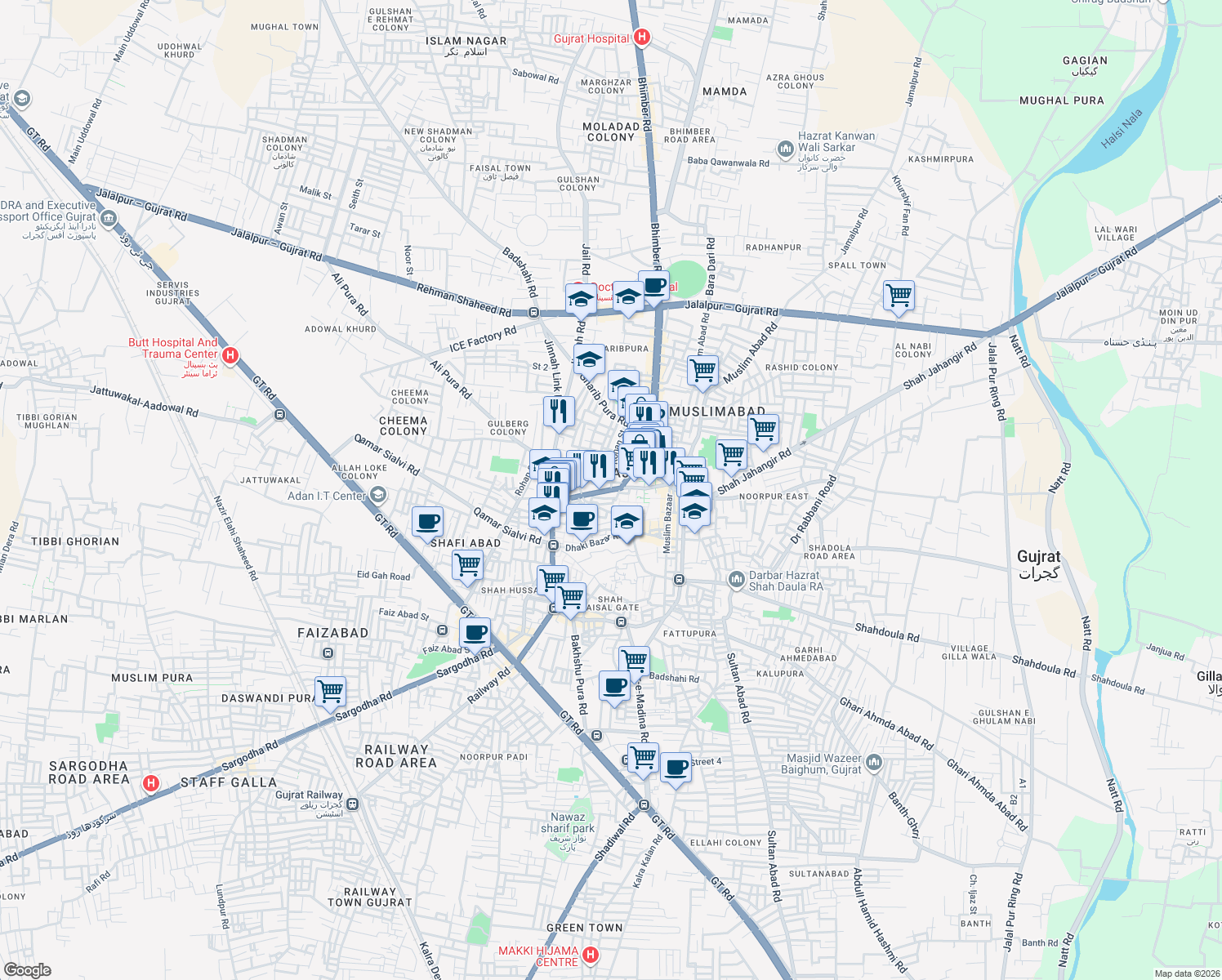 map of restaurants, bars, coffee shops, grocery stores, and more near Khwajgan Road in Gujrat