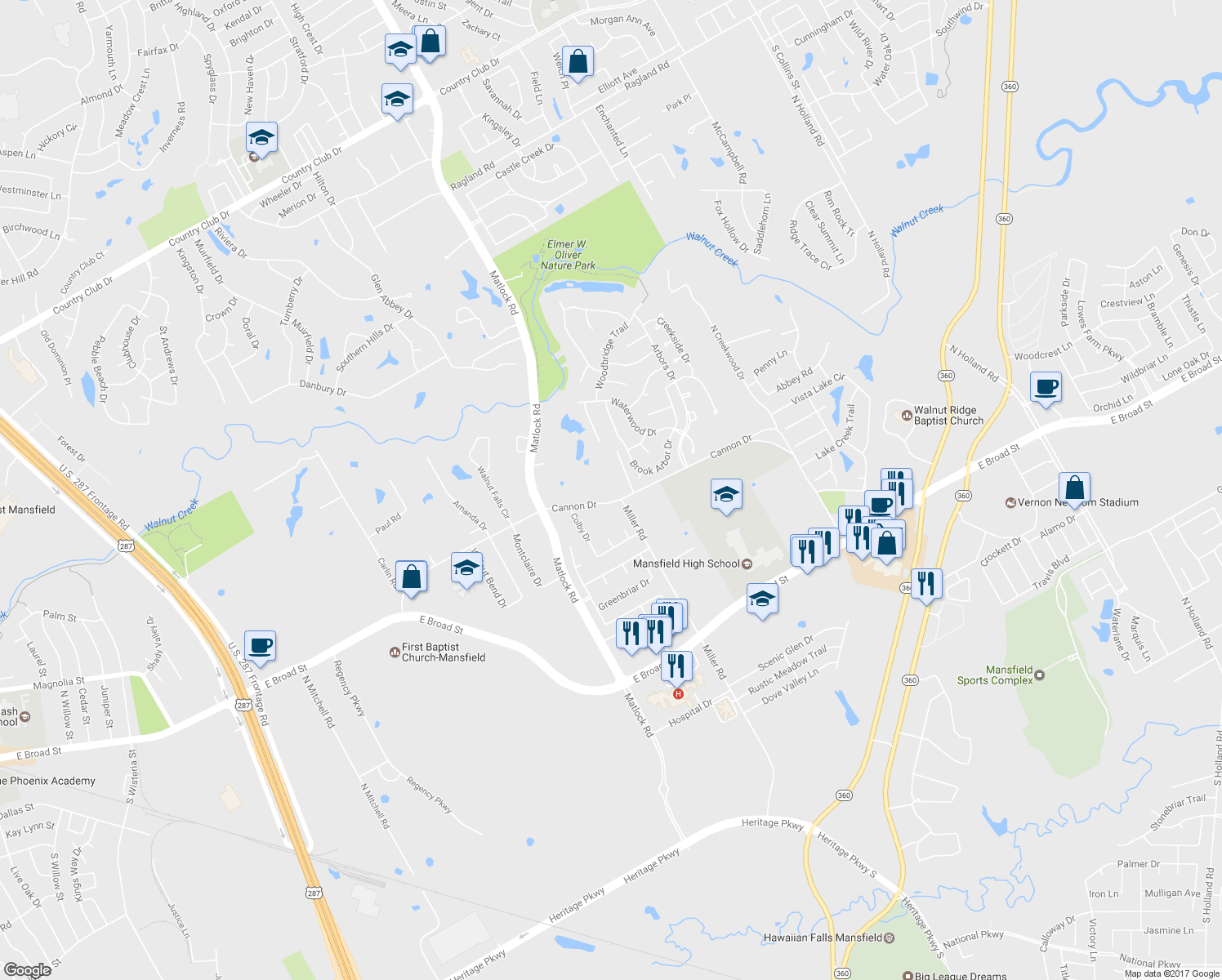 map of restaurants, bars, coffee shops, grocery stores, and more near 2085 Cannon Drive in Mansfield