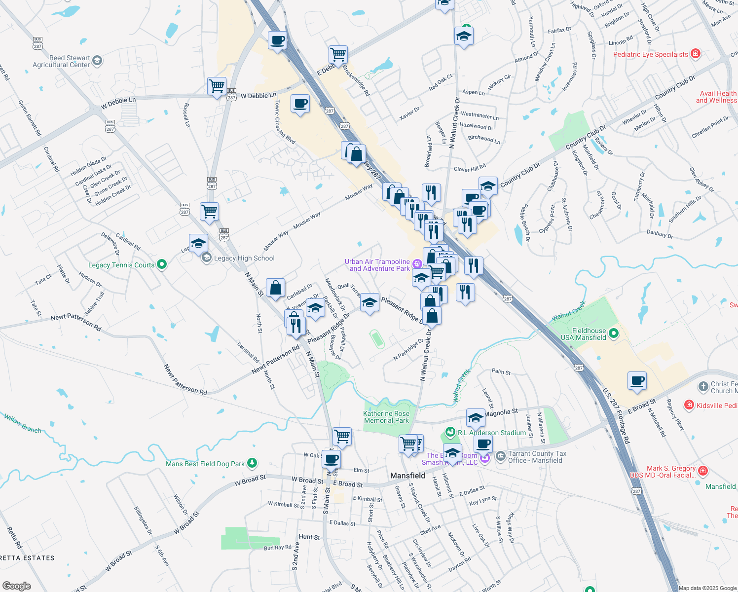map of restaurants, bars, coffee shops, grocery stores, and more near 803 Skylark Drive in Mansfield