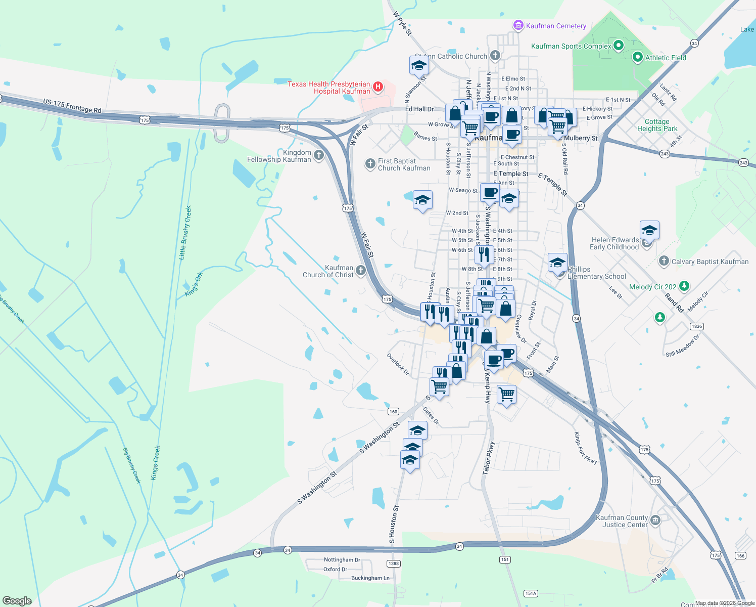 map of restaurants, bars, coffee shops, grocery stores, and more near 21 Oak Creek Drive in Kaufman