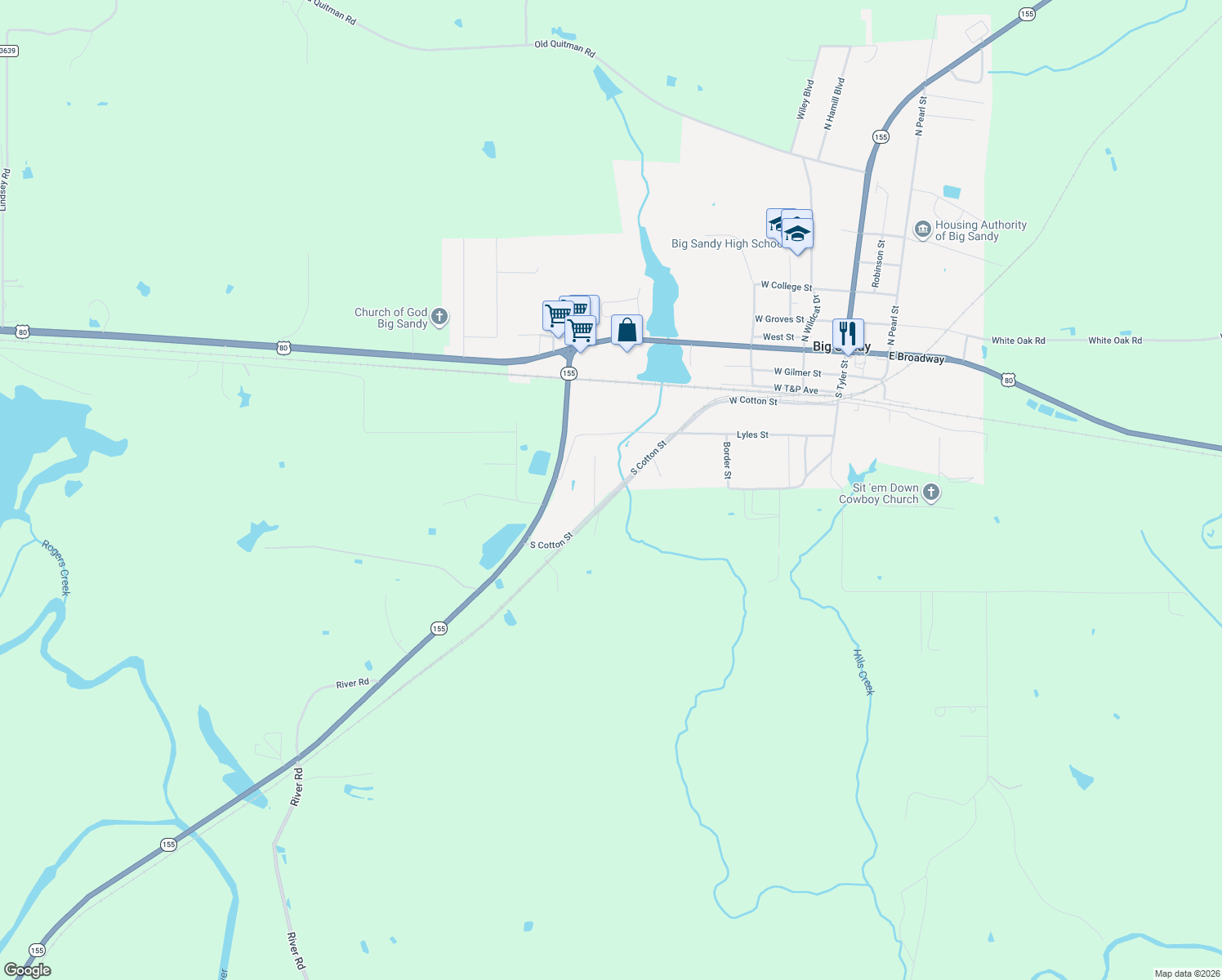 map of restaurants, bars, coffee shops, grocery stores, and more near 616 West Cotton Street in Big Sandy