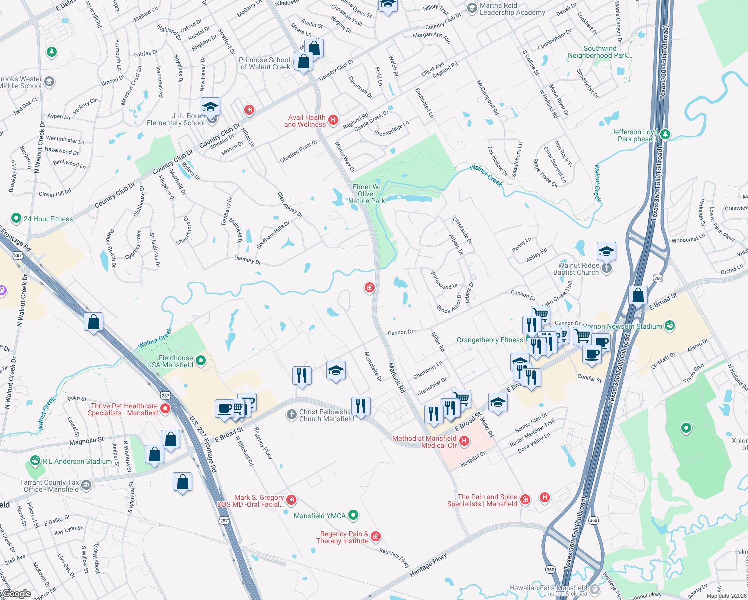 map of restaurants, bars, coffee shops, grocery stores, and more near 1101 Matlock Road in Mansfield