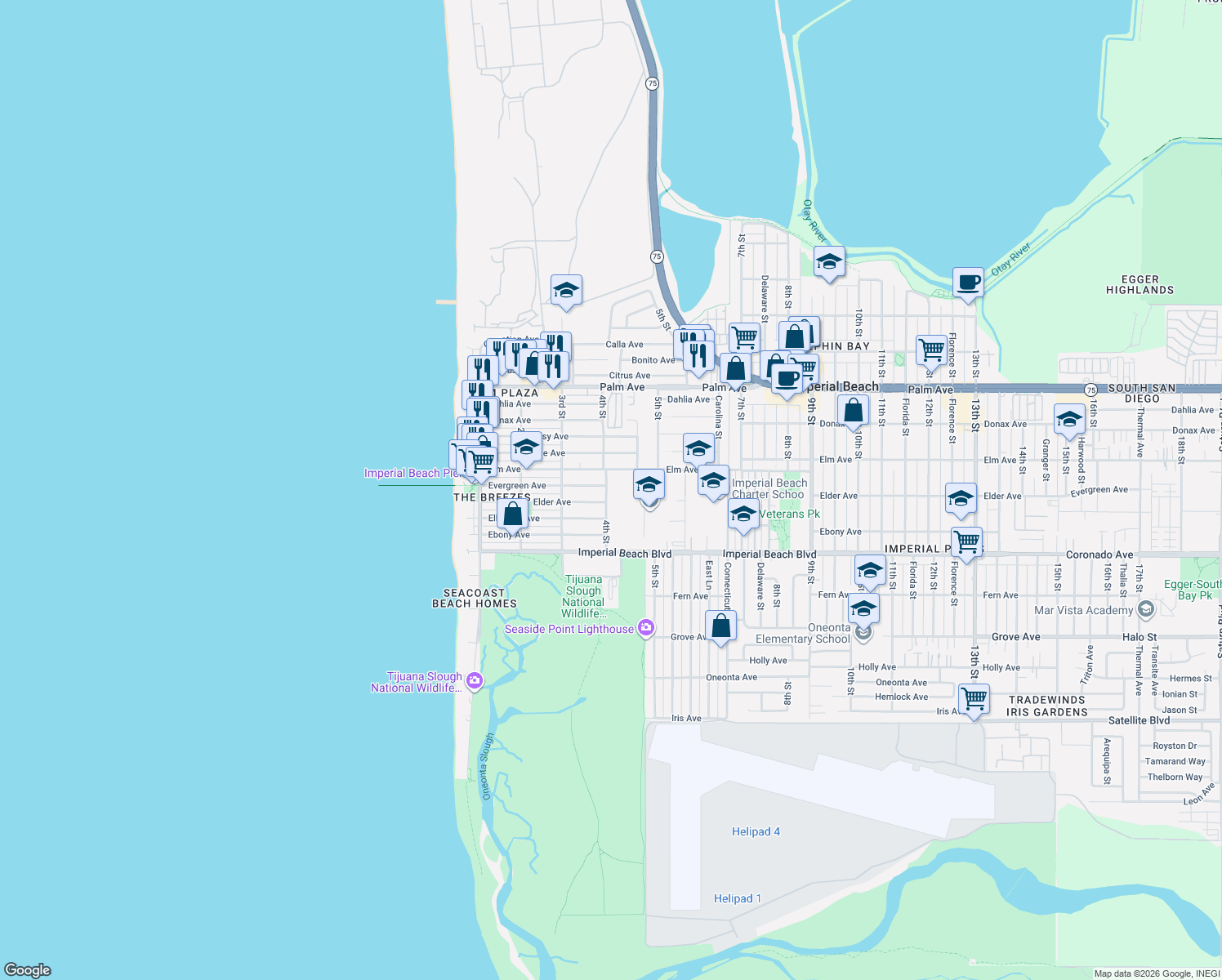 map of restaurants, bars, coffee shops, grocery stores, and more near 935 4th Street in Imperial Beach