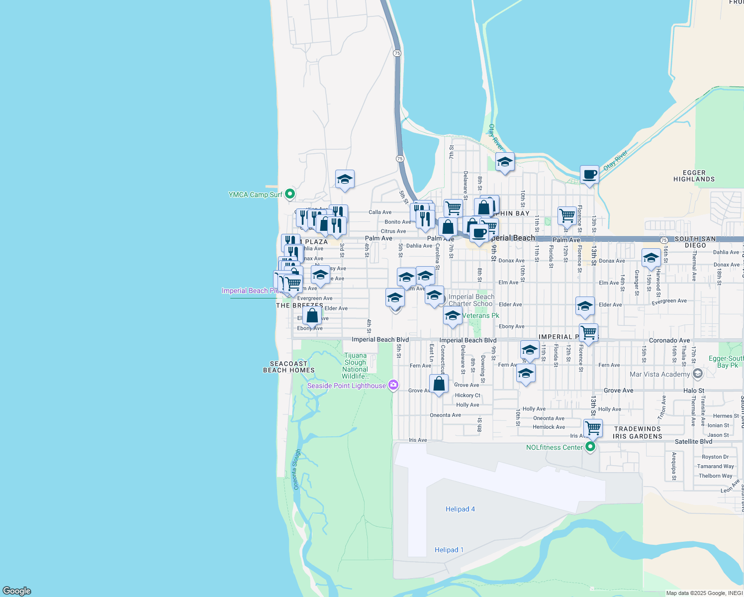 map of restaurants, bars, coffee shops, grocery stores, and more near 927 4th St in Imperial Beach