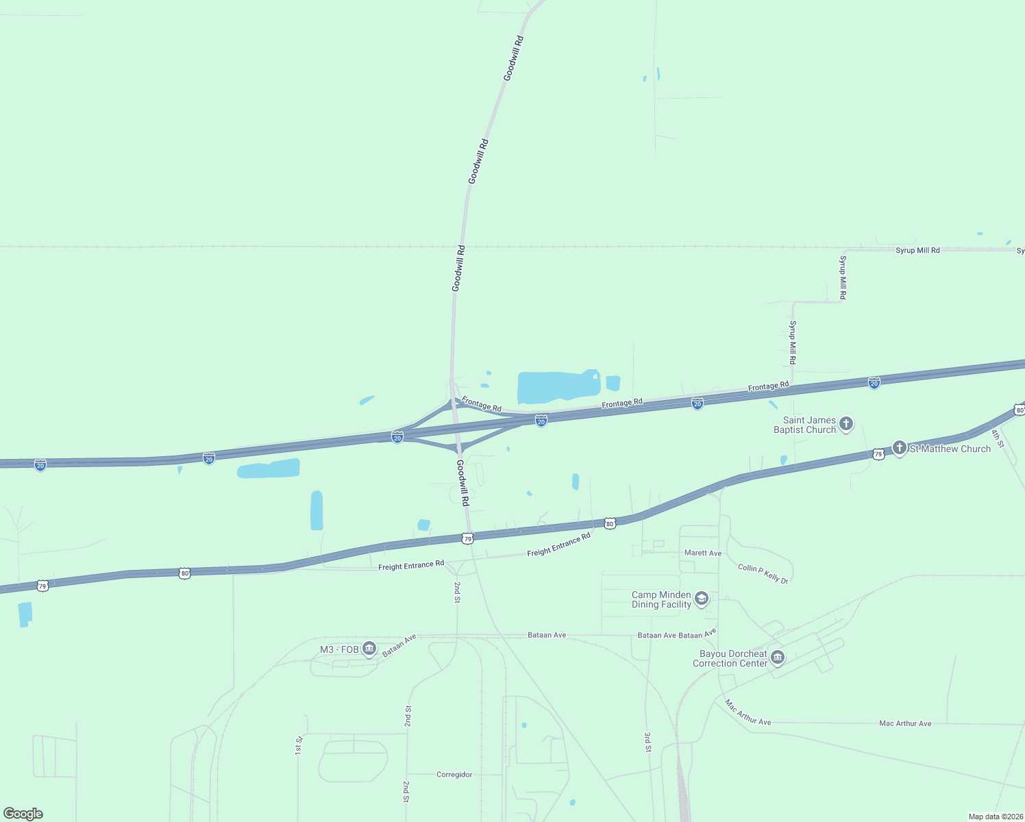 map of restaurants, bars, coffee shops, grocery stores, and more near Frontage Road in Minden