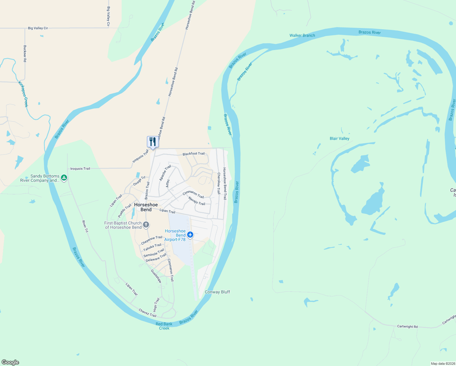 map of restaurants, bars, coffee shops, grocery stores, and more near 7049 Horseshoe Bend Trail in Weatherford