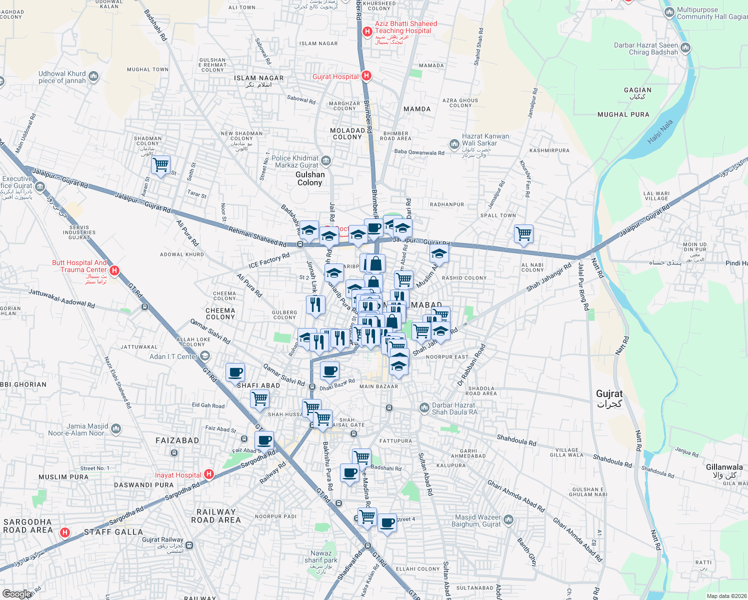 map of restaurants, bars, coffee shops, grocery stores, and more near Court Road in Gujrat