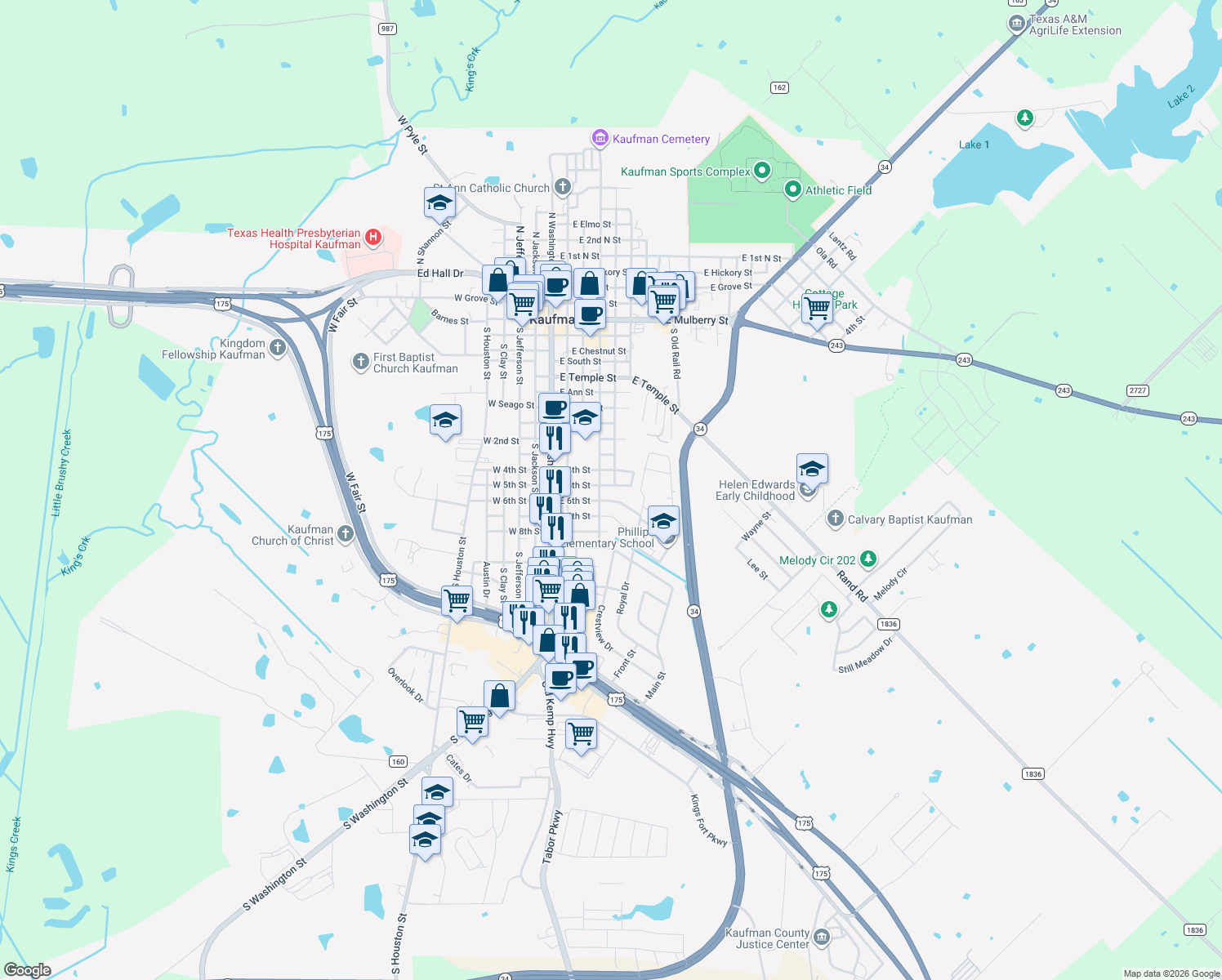 map of restaurants, bars, coffee shops, grocery stores, and more near 406 E 5th St in Kaufman