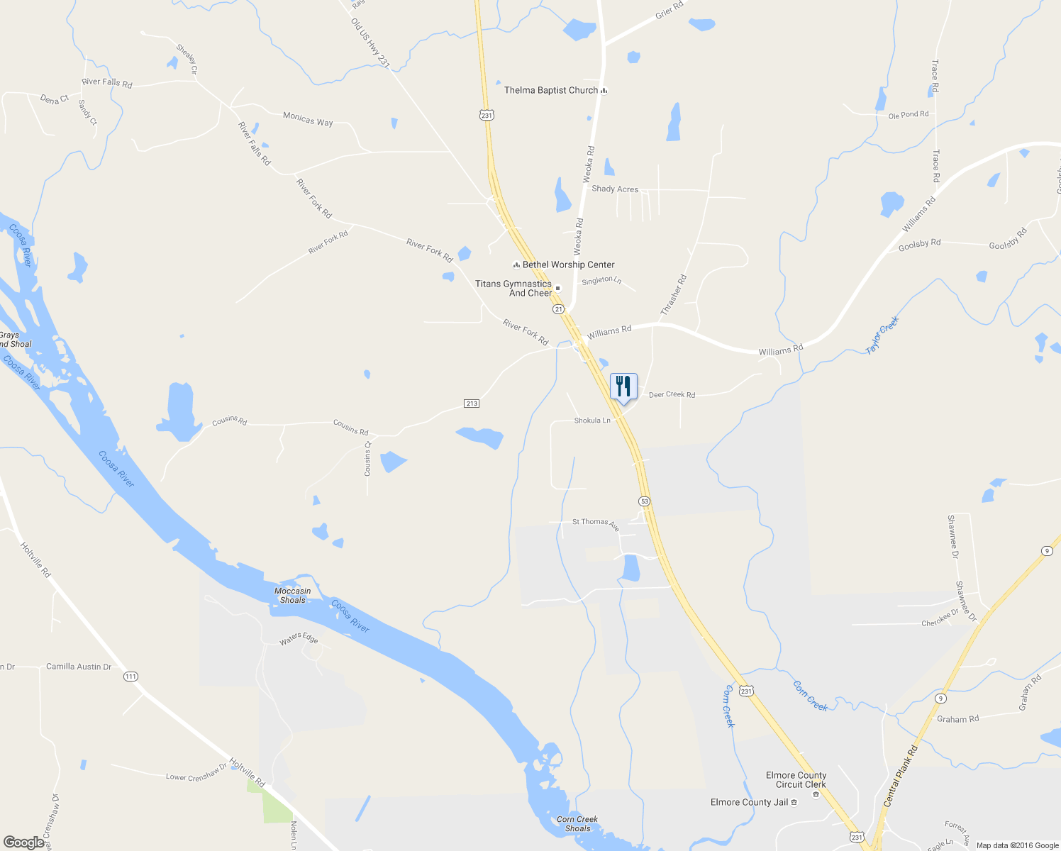 map of restaurants, bars, coffee shops, grocery stores, and more near 250 Shokula Lane in Wetumpka