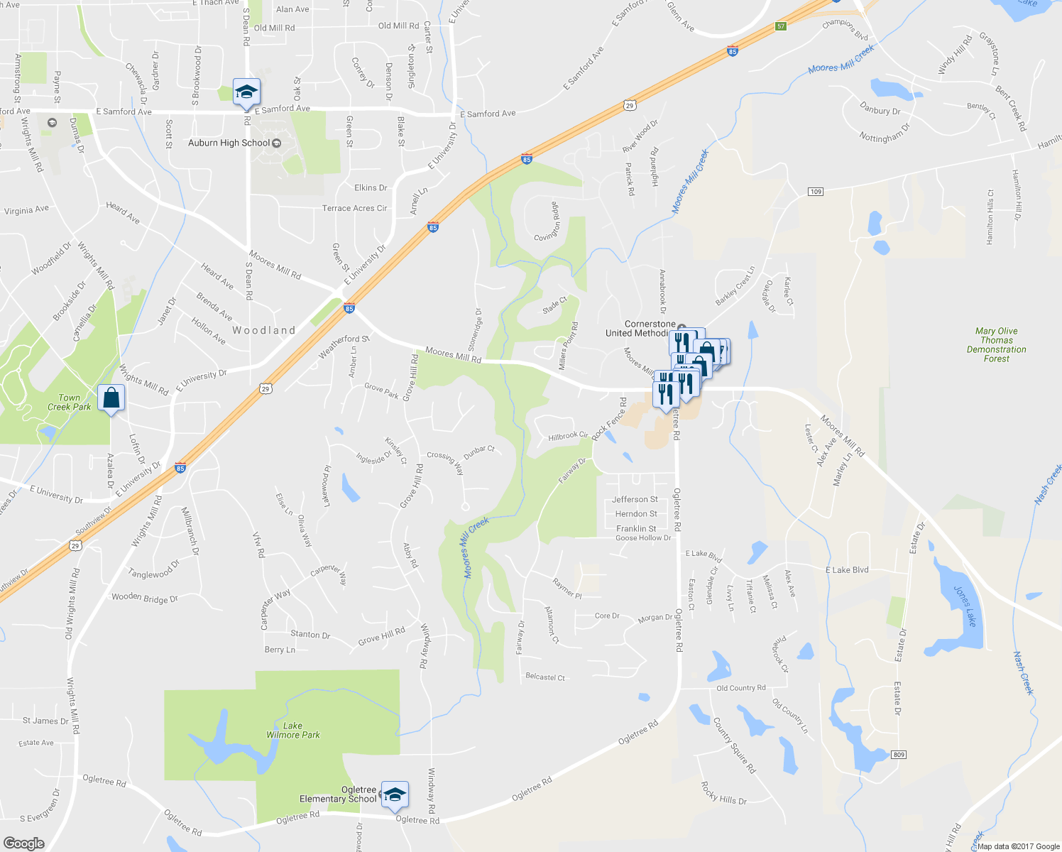 map of restaurants, bars, coffee shops, grocery stores, and more near 1926 Hillbrook Circle in Auburn