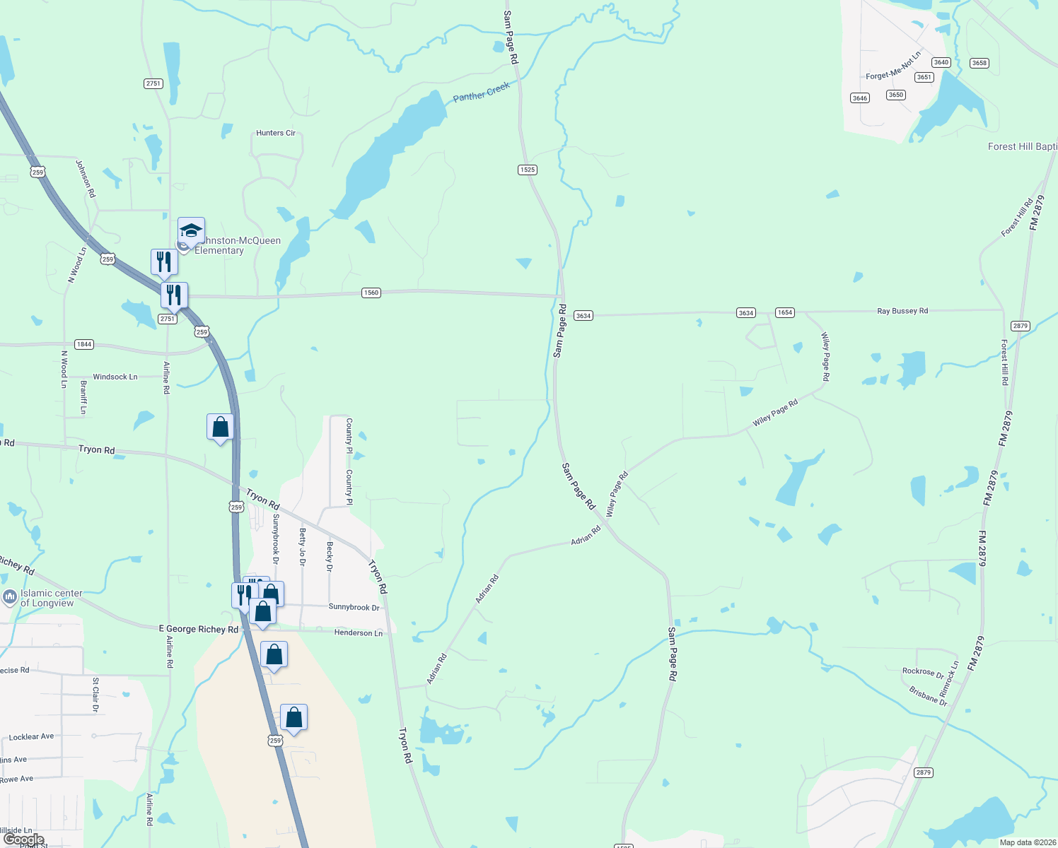map of restaurants, bars, coffee shops, grocery stores, and more near 2465 Sam Page Road in Longview