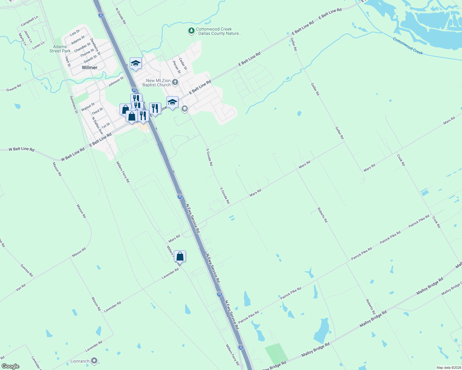 map of restaurants, bars, coffee shops, grocery stores, and more near 330 South Goode Road in Wilmer