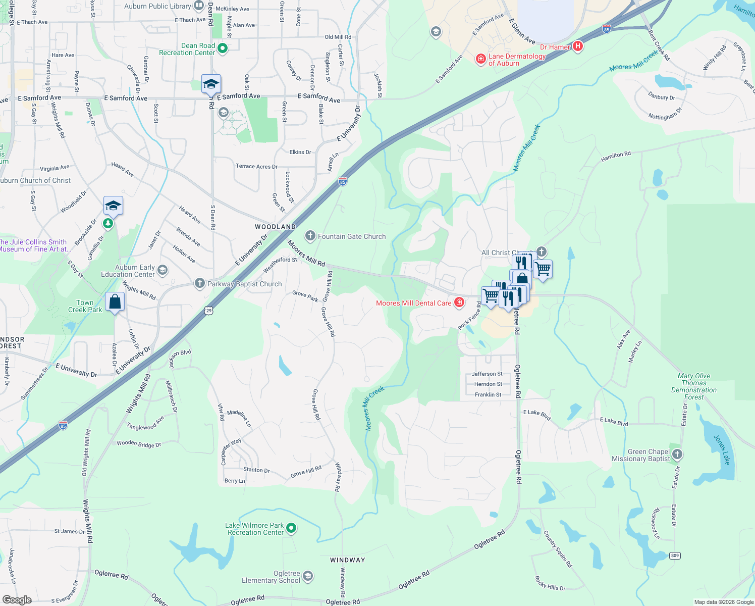 map of restaurants, bars, coffee shops, grocery stores, and more near 1488 Montrose Road in Auburn