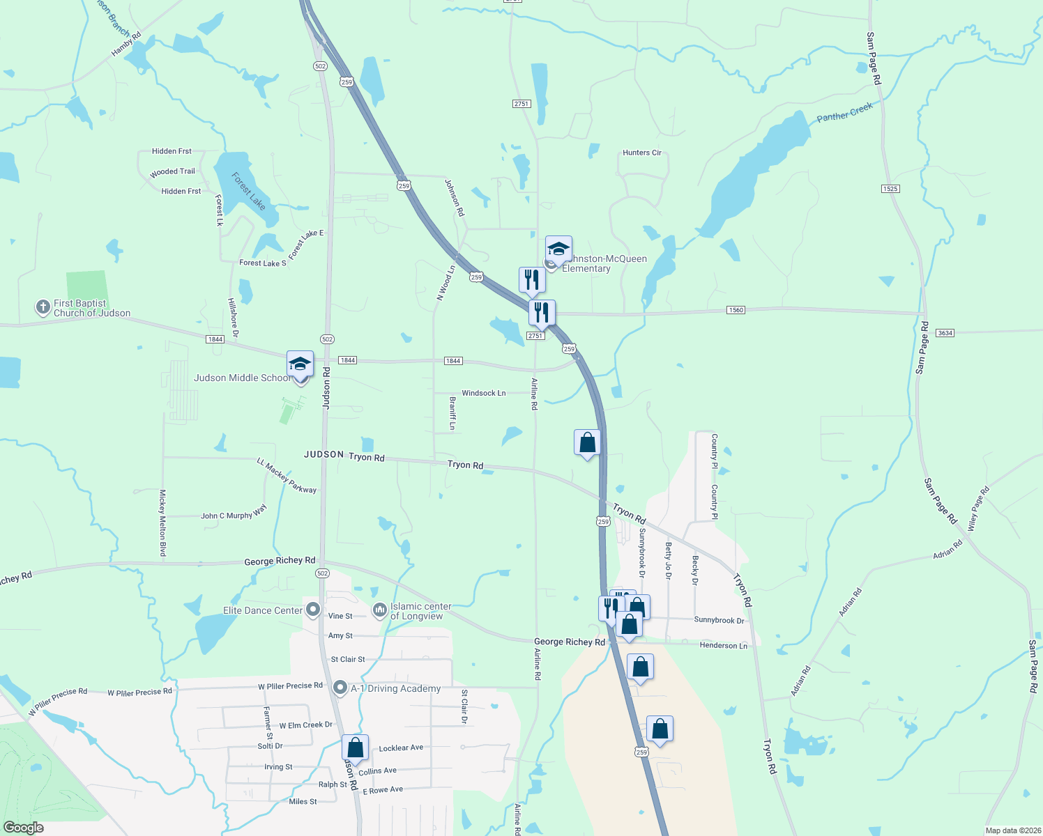 map of restaurants, bars, coffee shops, grocery stores, and more near 5505 Airline Rd in Longview