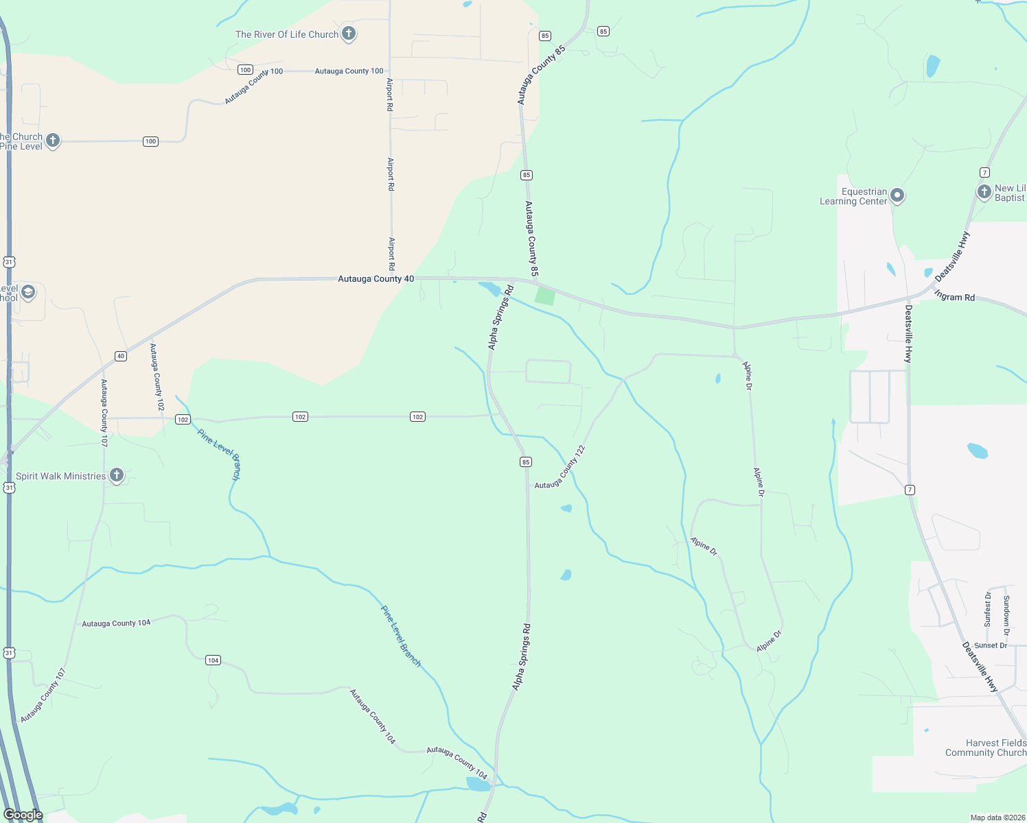 map of restaurants, bars, coffee shops, grocery stores, and more near 2428 County Road 85 in Deatsville