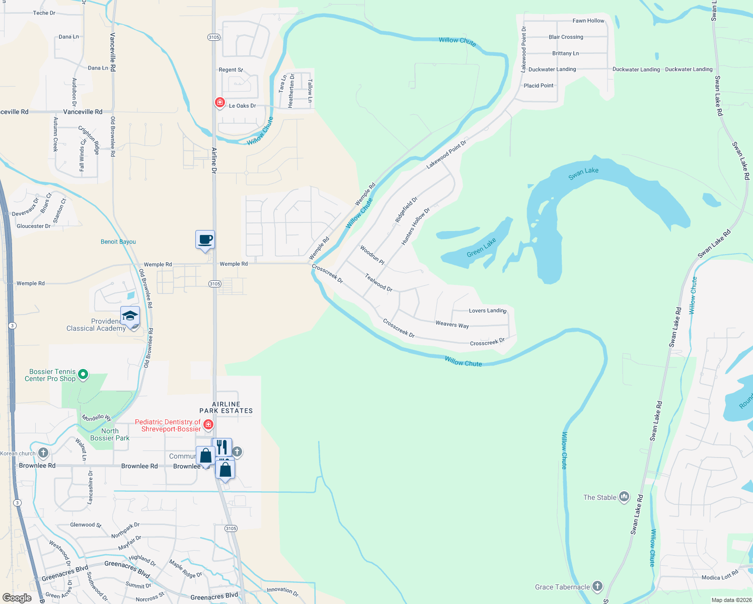 map of restaurants, bars, coffee shops, grocery stores, and more near 205 Crosscreek Dr in Bossier City