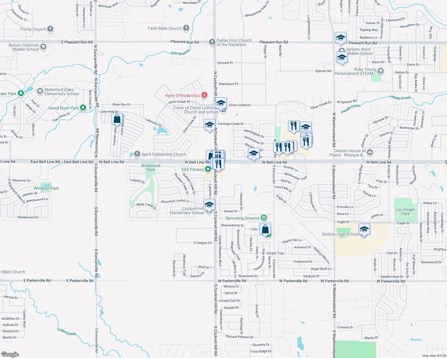 map of restaurants, bars, coffee shops, grocery stores, and more near 130 S Cockrell Hill Rd in DeSoto