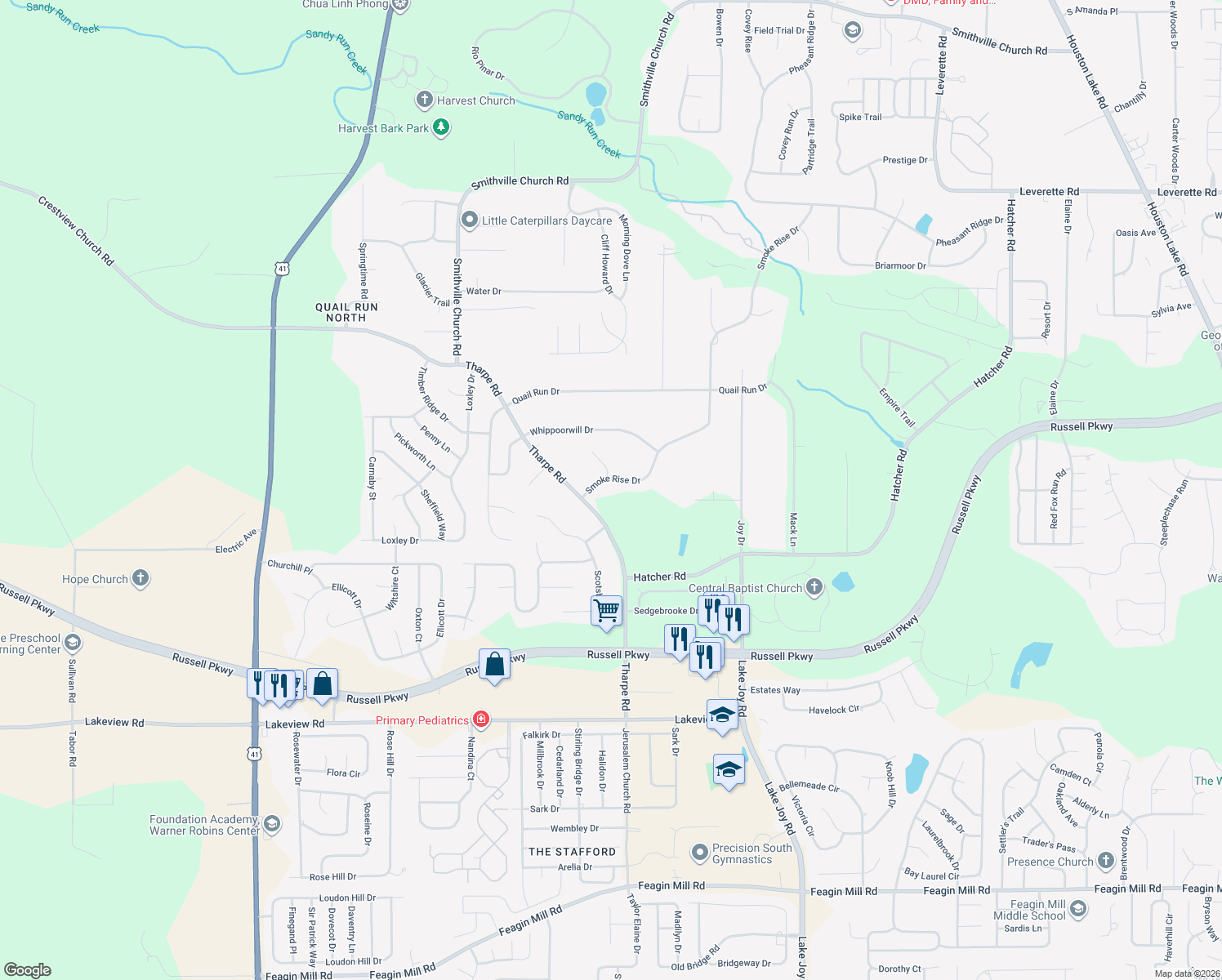 map of restaurants, bars, coffee shops, grocery stores, and more near 104 Smoke Rise Drive in Warner Robins