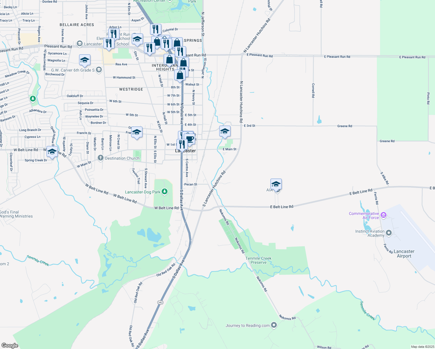 map of restaurants, bars, coffee shops, grocery stores, and more near 441 S Lancaster Hutchins Rd in Lancaster