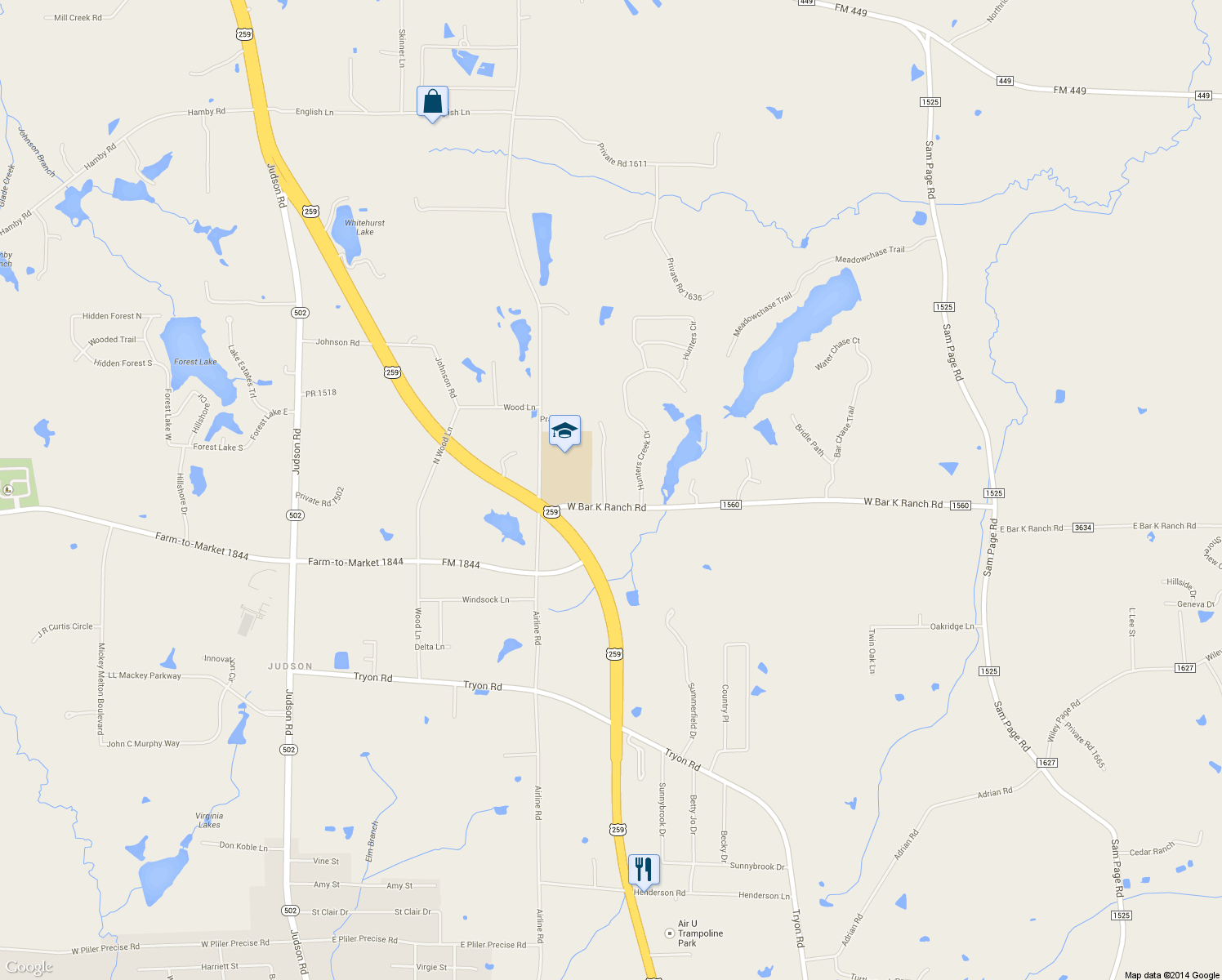 map of restaurants, bars, coffee shops, grocery stores, and more near 102 Oak Isle Drive in Longview