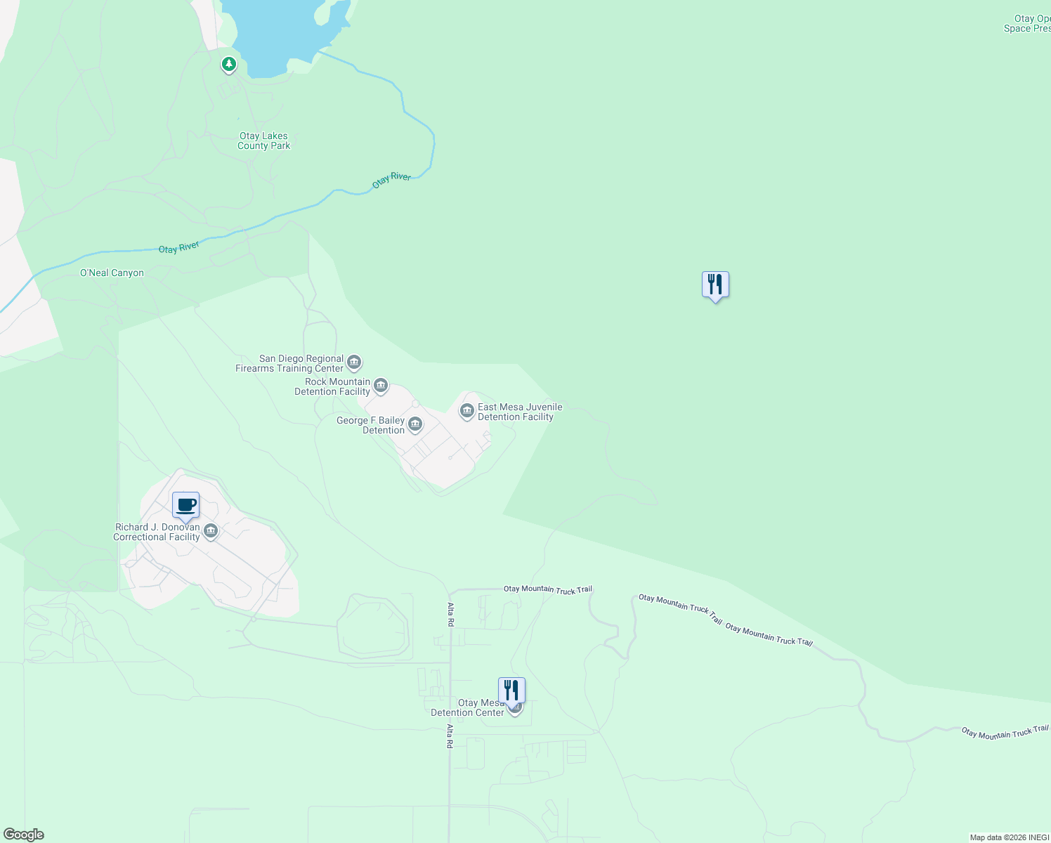 map of restaurants, bars, coffee shops, grocery stores, and more near Otay Mountain Truck Trail in San Diego