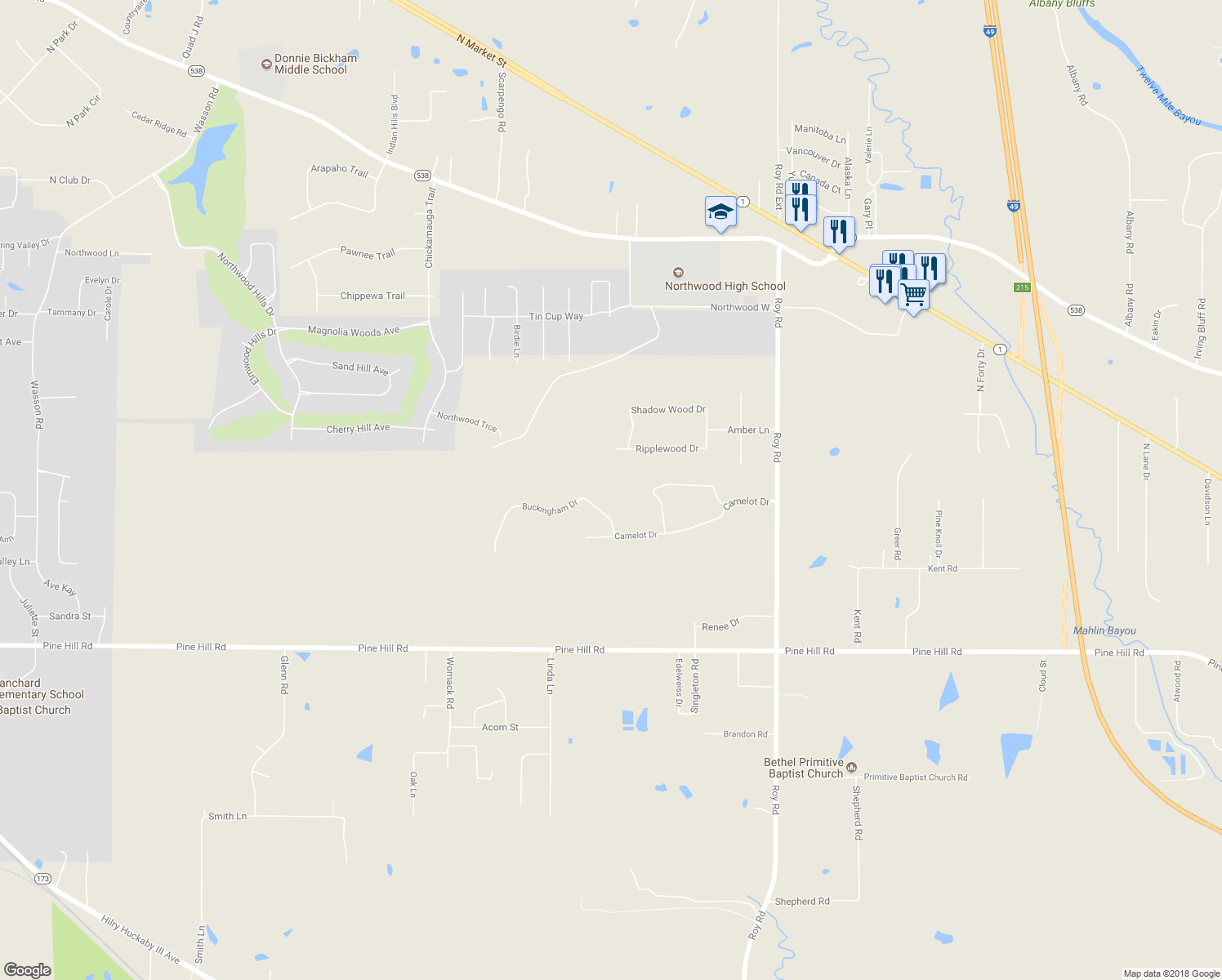 map of restaurants, bars, coffee shops, grocery stores, and more near 4575 Buckingham Dr in Shreveport