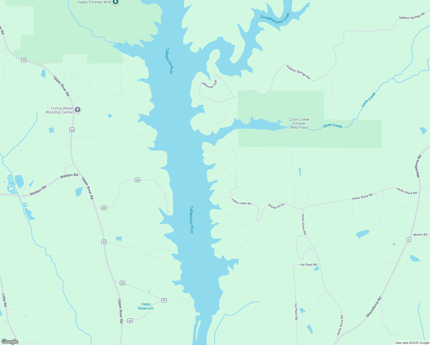 map of restaurants, bars, coffee shops, grocery stores, and more near Yates Lake Road in Tallassee