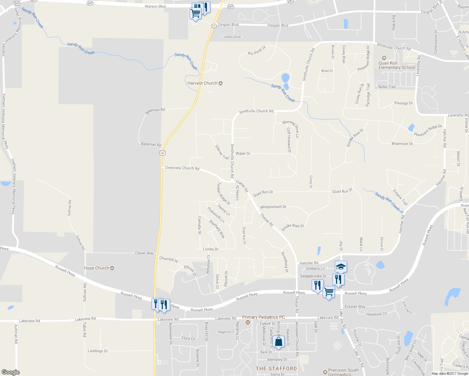 map of restaurants, bars, coffee shops, grocery stores, and more near 104 Loxley Drive in Warner Robins