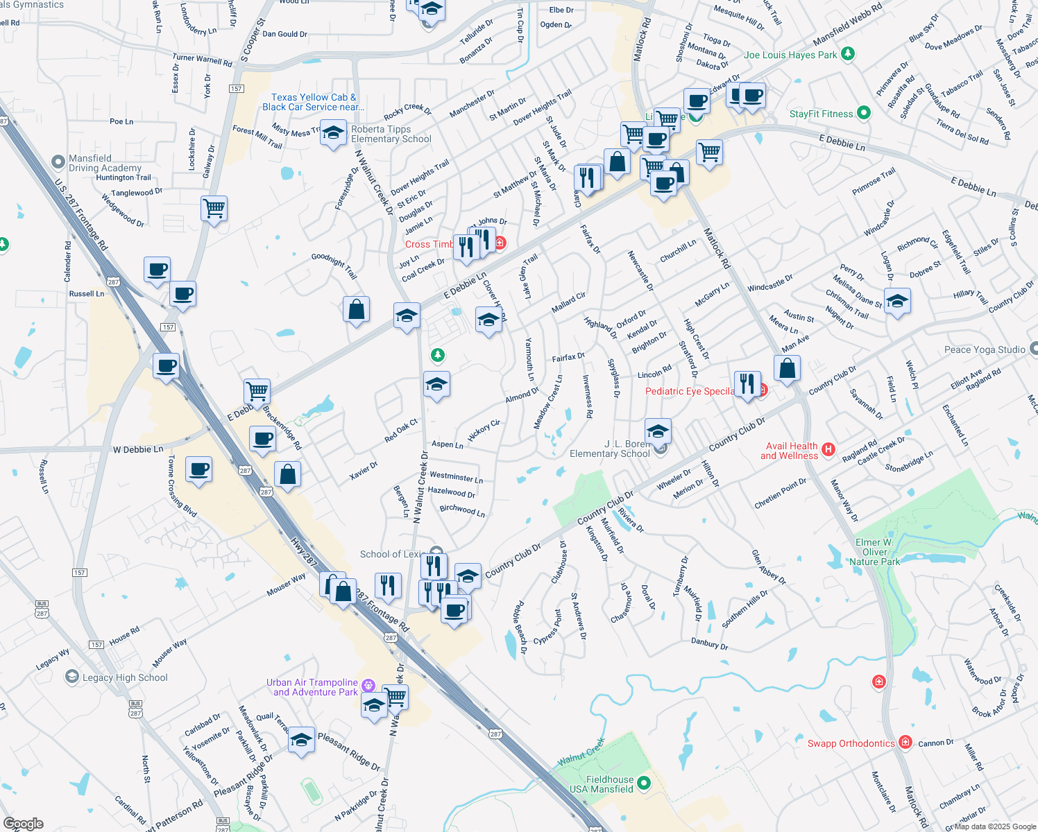 map of restaurants, bars, coffee shops, grocery stores, and more near 1521 Berkeley Drive in Mansfield