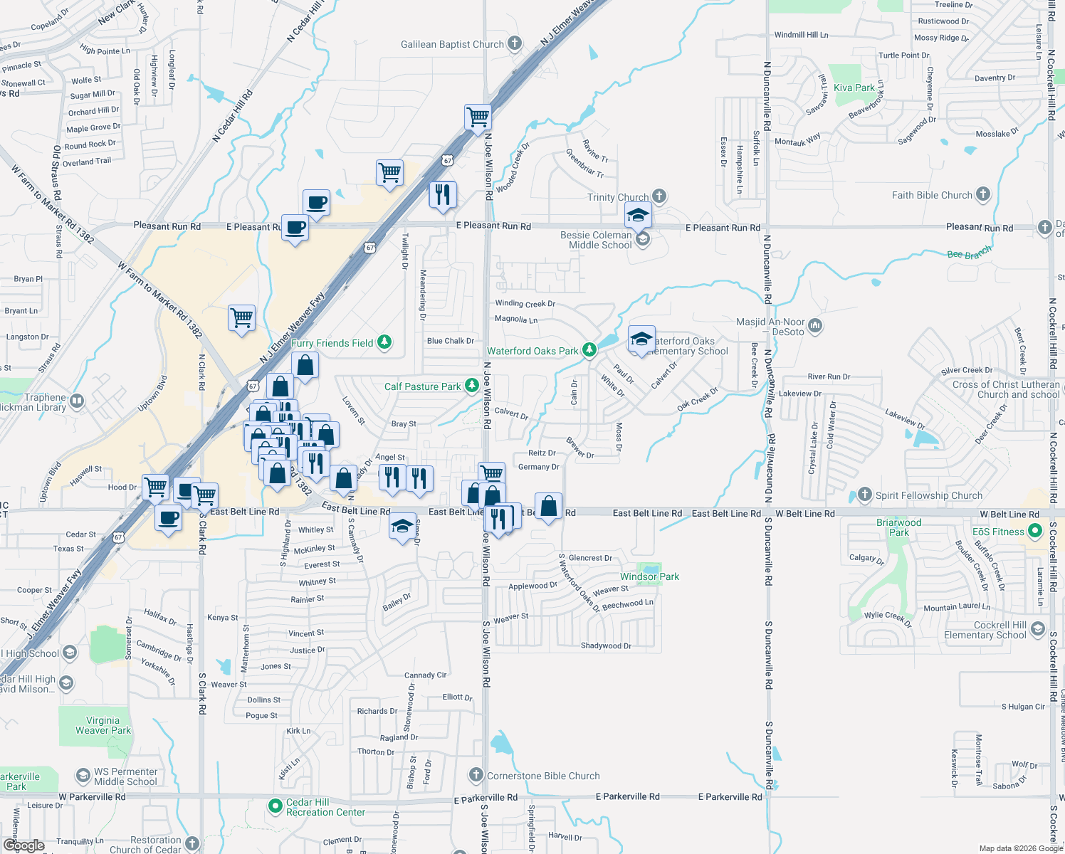 map of restaurants, bars, coffee shops, grocery stores, and more near 123 Chamblin Drive in Cedar Hill