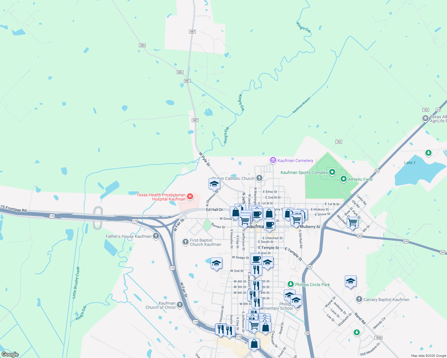map of restaurants, bars, coffee shops, grocery stores, and more near 702 West Pyle Street in Kaufman