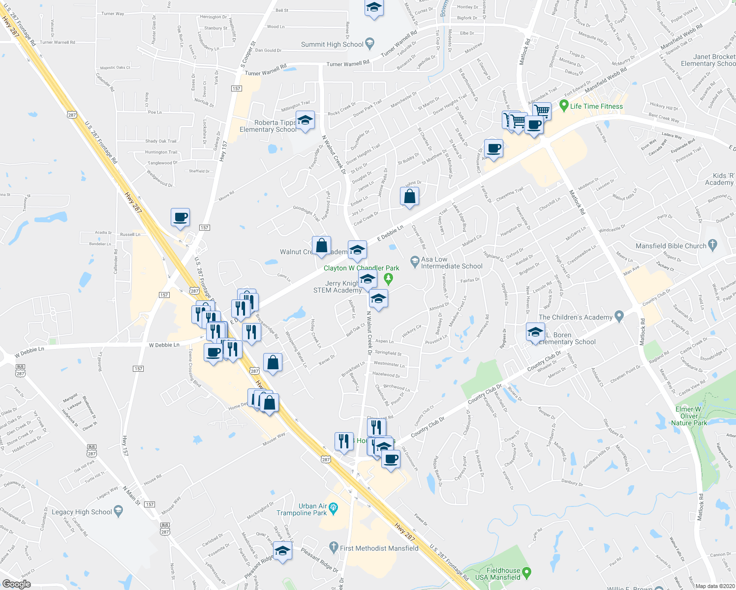 map of restaurants, bars, coffee shops, grocery stores, and more near 1526 North Walnut Creek Drive in Mansfield