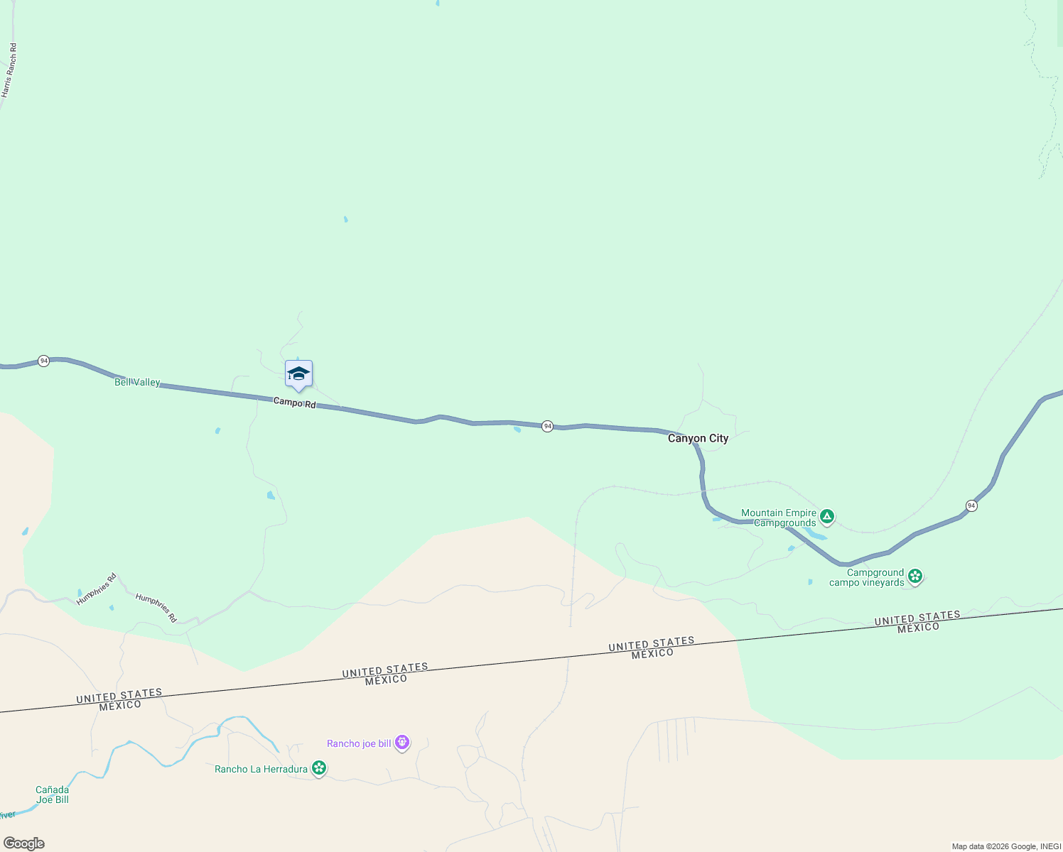 map of restaurants, bars, coffee shops, grocery stores, and more near 28284 Campo Road in Campo