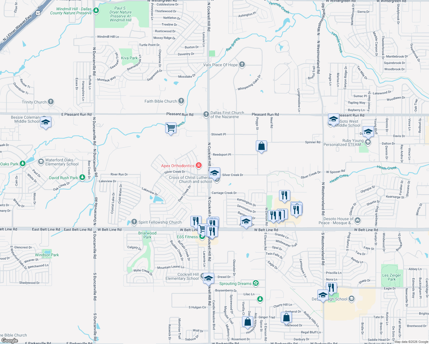 map of restaurants, bars, coffee shops, grocery stores, and more near 600 N Cockrell Hill Rd in DeSoto