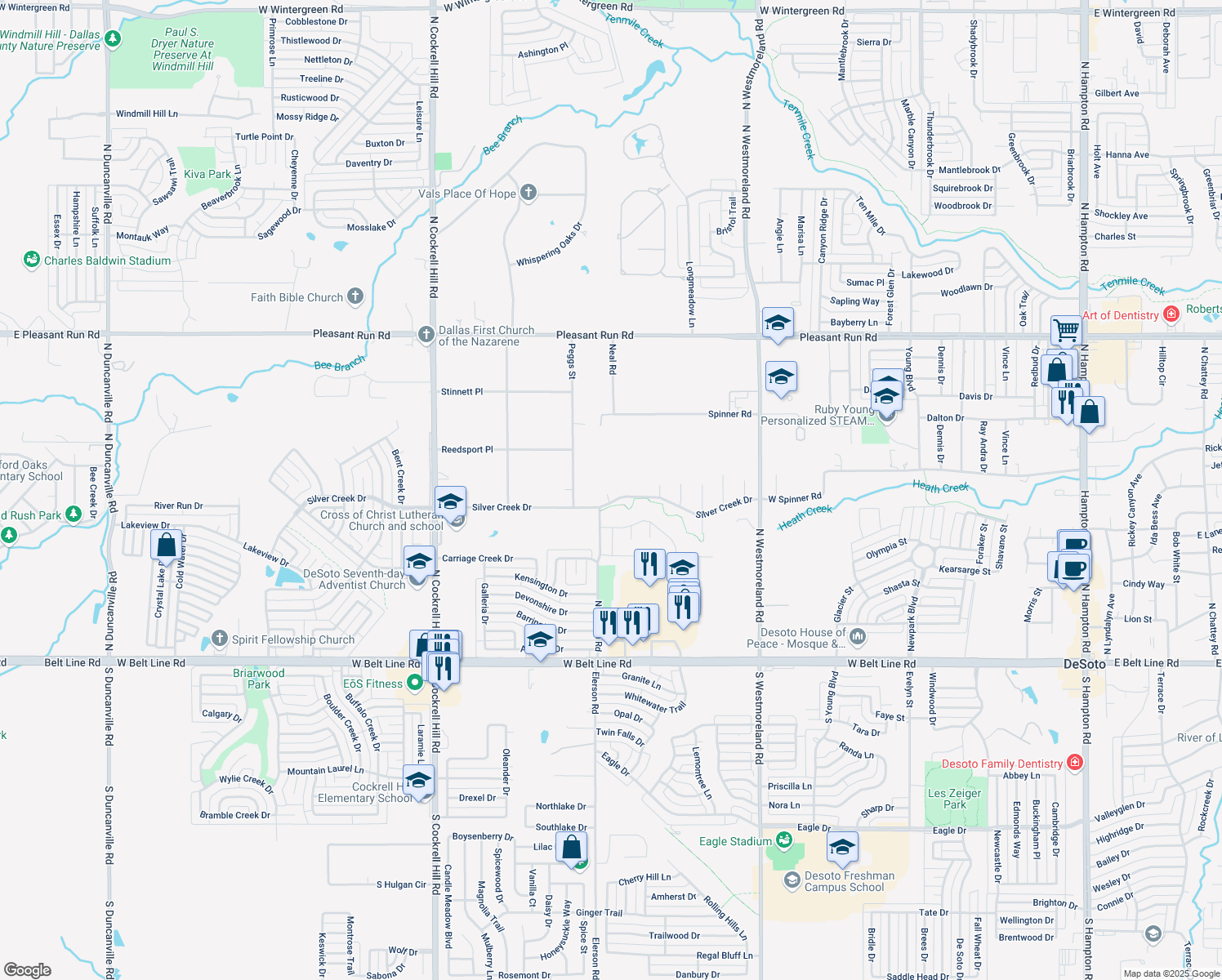 map of restaurants, bars, coffee shops, grocery stores, and more near 3 Oakmont Court in DeSoto
