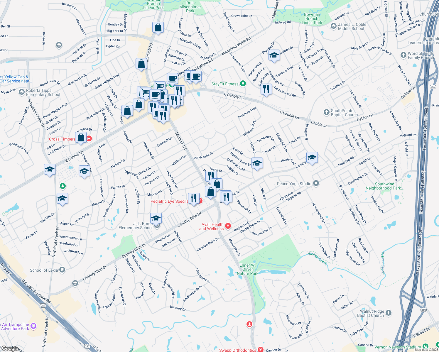 map of restaurants, bars, coffee shops, grocery stores, and more near 2009 Meera Lane in Mansfield