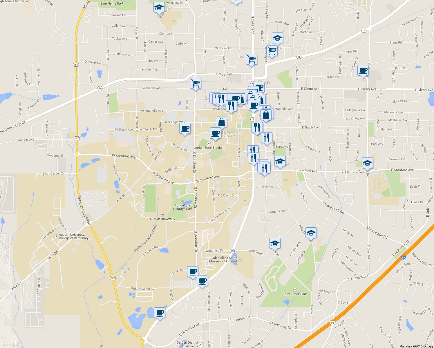 map of restaurants, bars, coffee shops, grocery stores, and more near 350 West Samford Avenue in Auburn