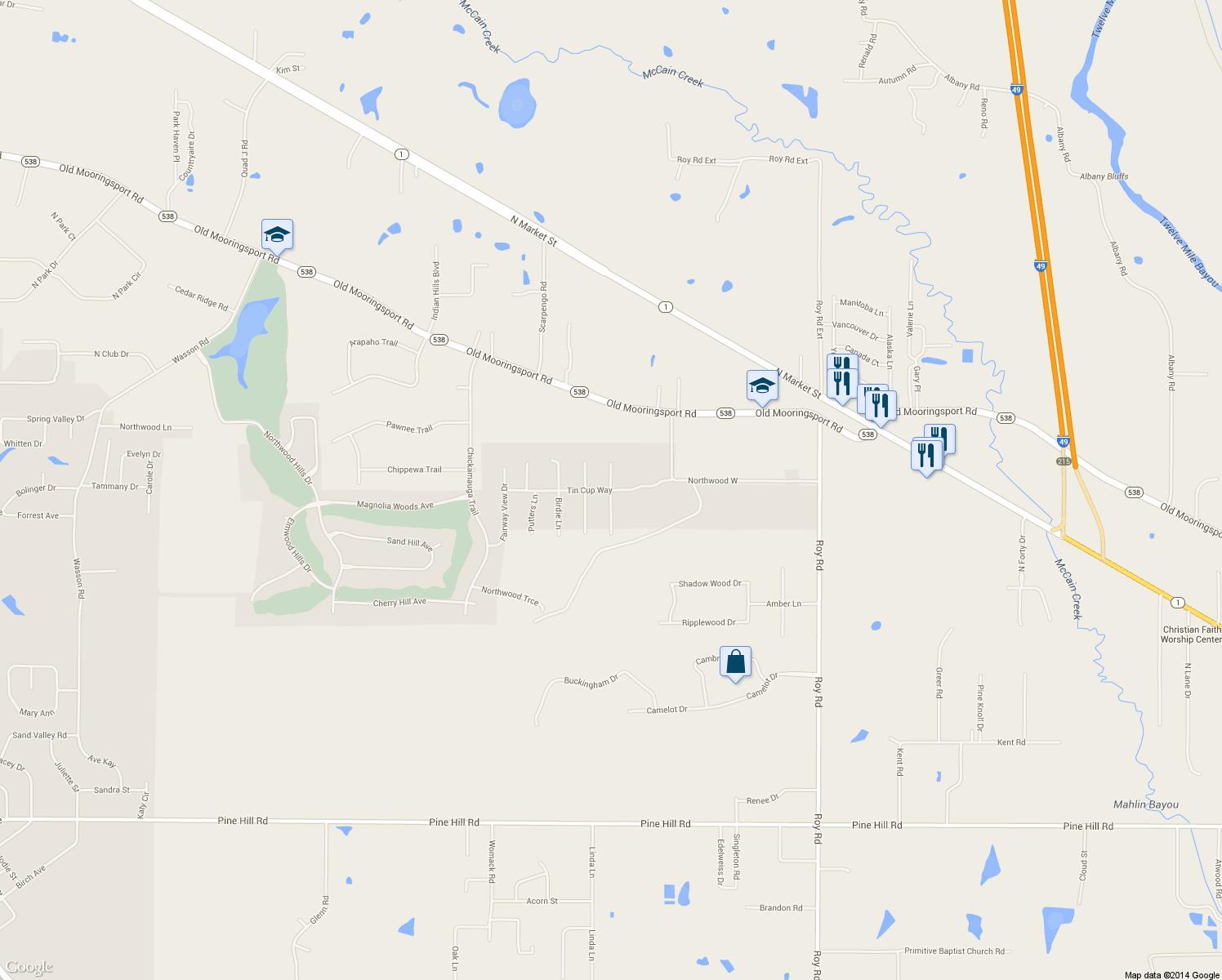 map of restaurants, bars, coffee shops, grocery stores, and more near 4869 Sandtrap Circle in Shreveport