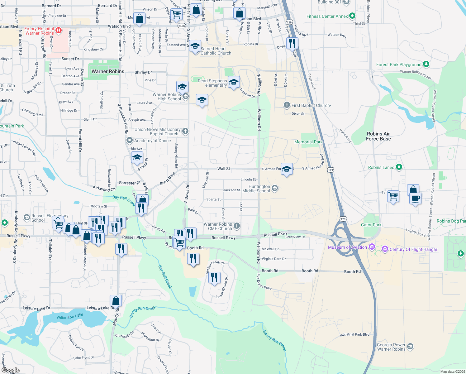 map of restaurants, bars, coffee shops, grocery stores, and more near 126 Jackson Street in Warner Robins