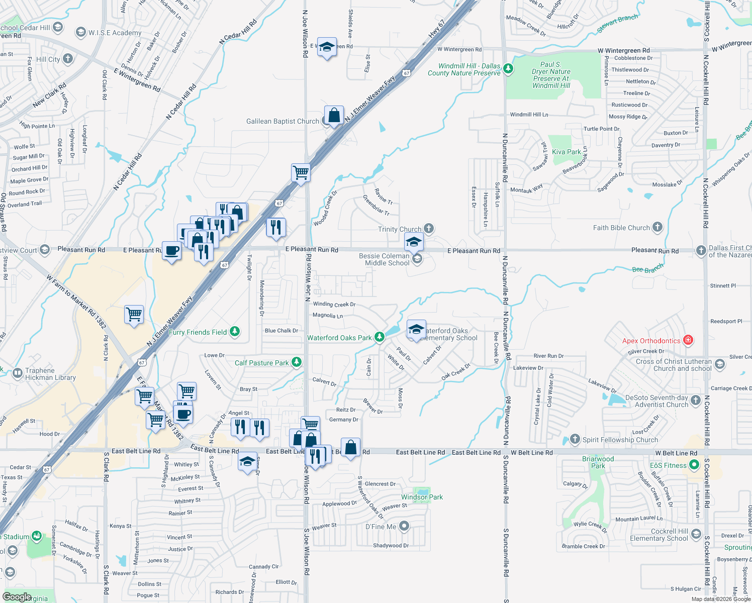 map of restaurants, bars, coffee shops, grocery stores, and more near 1015 Cove Hollow Dr in Cedar Hill