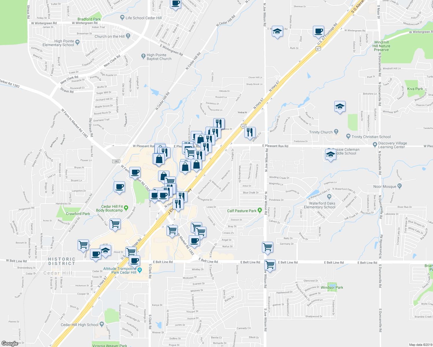 map of restaurants, bars, coffee shops, grocery stores, and more near 811 Green Pastures Drive in Cedar Hill