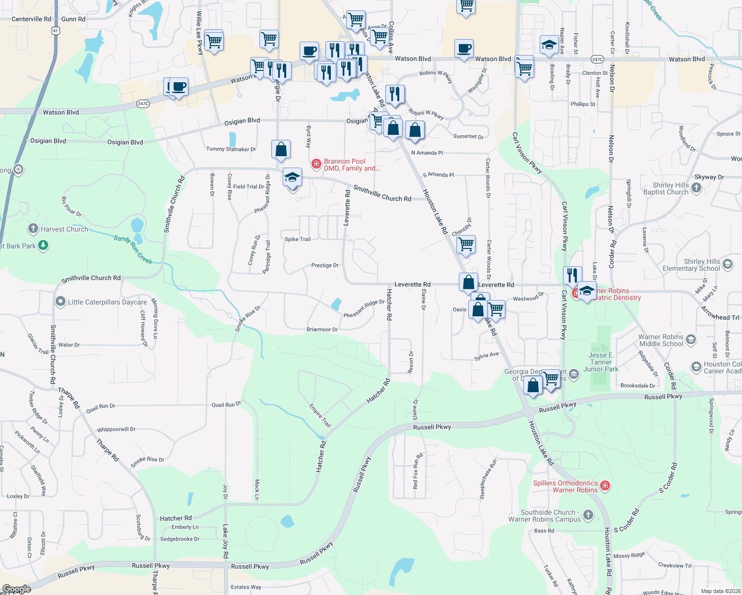 map of restaurants, bars, coffee shops, grocery stores, and more near 717 Pheasant Ridge Dr in Warner Robins