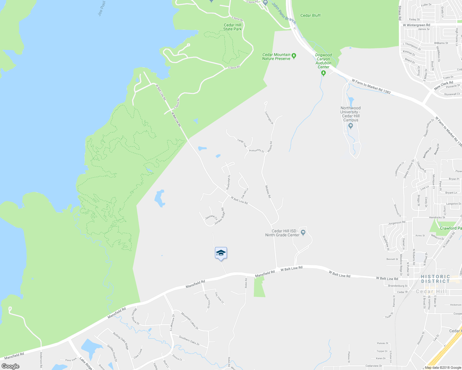 map of restaurants, bars, coffee shops, grocery stores, and more near 5 Shadyridge Drive in Cedar Hill