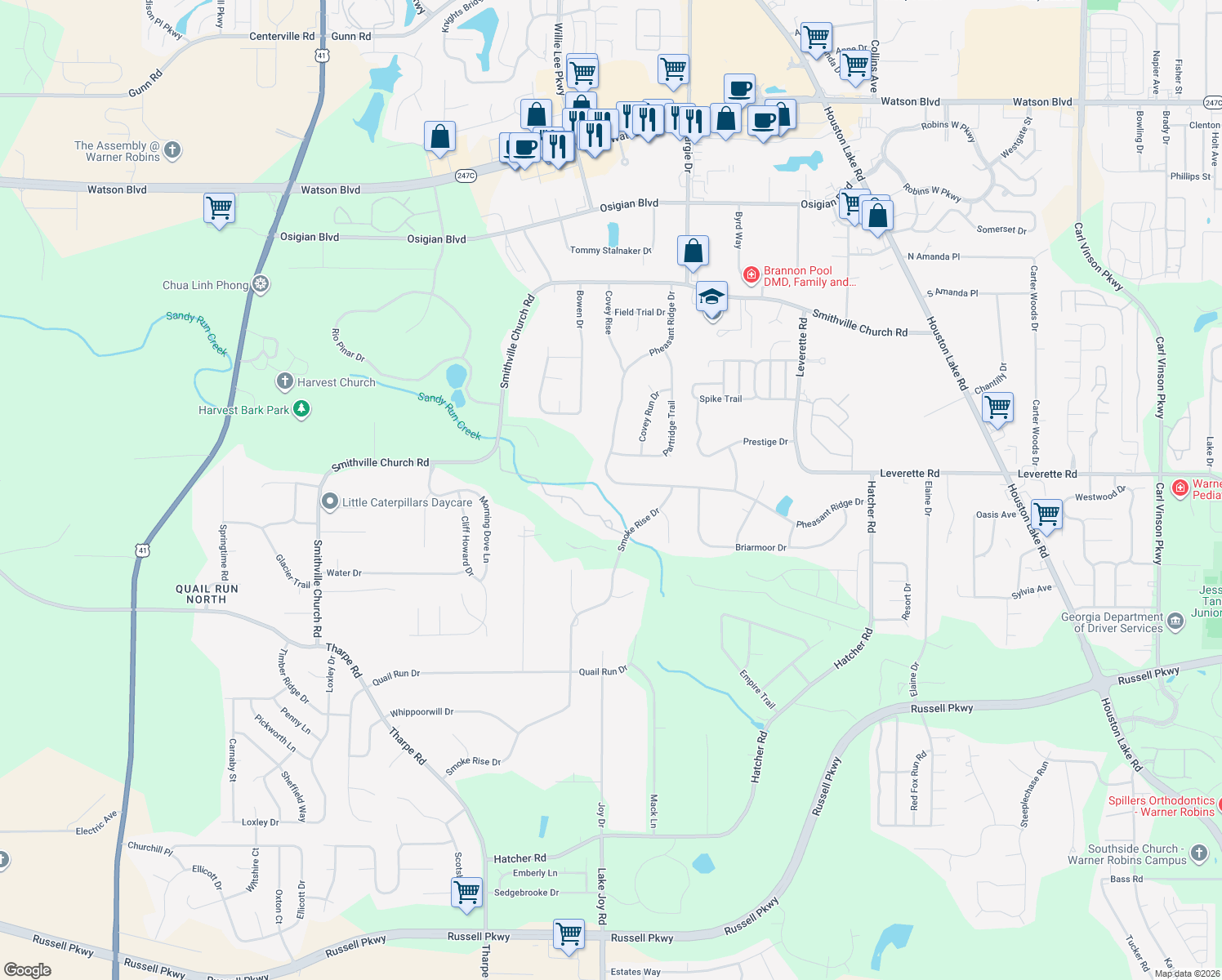 map of restaurants, bars, coffee shops, grocery stores, and more near 511 Pheasant Ridge Drive in Warner Robins