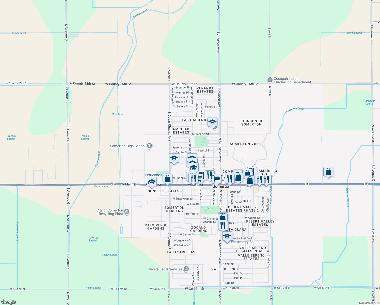 map of restaurants, bars, coffee shops, grocery stores, and more near 691 W Capitol St in Somerton